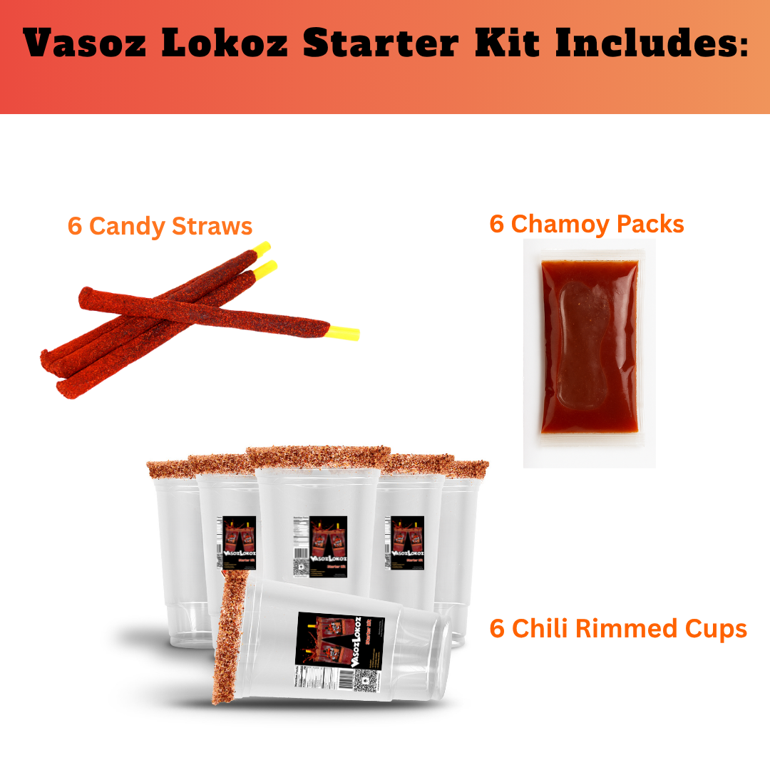 VasozLokoz Starter kit | Michelada Party Cups | 24oz 6 Rimmed Cups| 6 Chamoy Packs | 6 Candy Straws