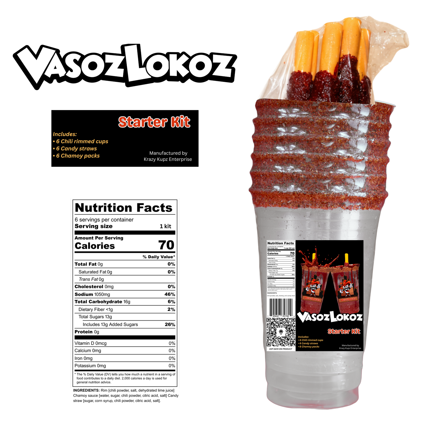 VasoZLokoz Starter Kit featuring a stack of clear plastic cups with orange and dark red candy-coated rims, a nutrition facts label, and product details on a white background. michelada cup, chamoy pack, spicy candy straw, rimmed cups, party cups, 6 pack