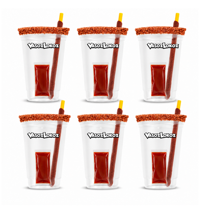 Vasoz Lokoz michelada cup, chamoy pack, spicy candy straw, rimmed cups, party cups, 6 pack VasozLokoz Starter Kit featuring a stack of clear plastic cups with orange and dark red candy-coated rims, a nutrition facts label, and product details on a white background. michelada cup, chamoy pack, spicy candy straw, rimmed cups, party cups, 6 pack